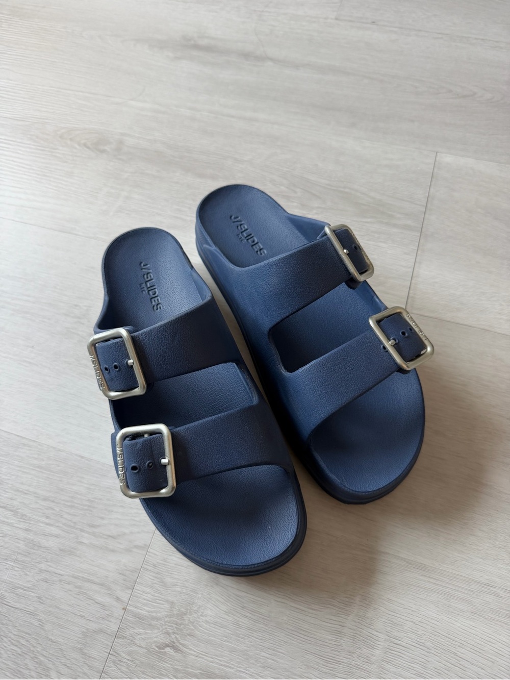 J/SLIDES Navy Dual-Buckle Slide Sandals